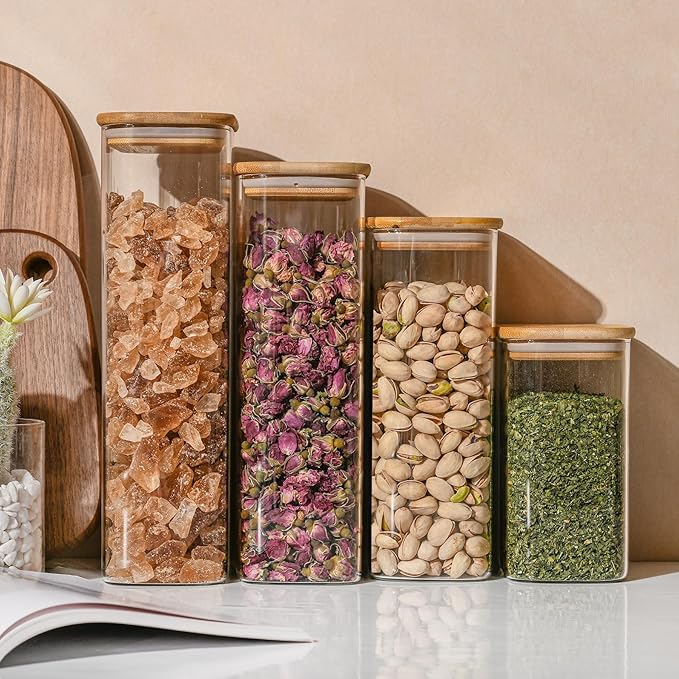 56oz Rectangle Airtight Glass Storage Containers with Bamboo Lids (Set of 4), Square Food Storage Jar, Pantry Organizers for Oats, Cereal, Pasta and Coffee beans (‎with Black Lable)