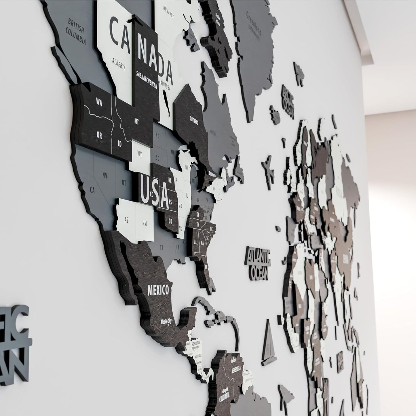 Colorfull Worlds 3D Wooden World Map Wall Art | Unique Wall Decor with Pins for Travel Enthusiasts | Home and Office Wall Décor | Grey | XXLarge