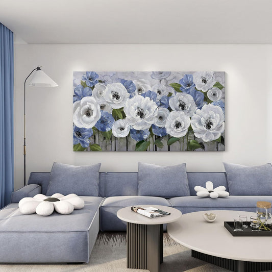 Floral Wall Art for Living Room- Large Canvas Paintings with Floral Wall Picture - Flower Wall Decor in Blue & White, Textured Artwork - Landscape Wall Art & Pictures for Bedroom and Home Decor