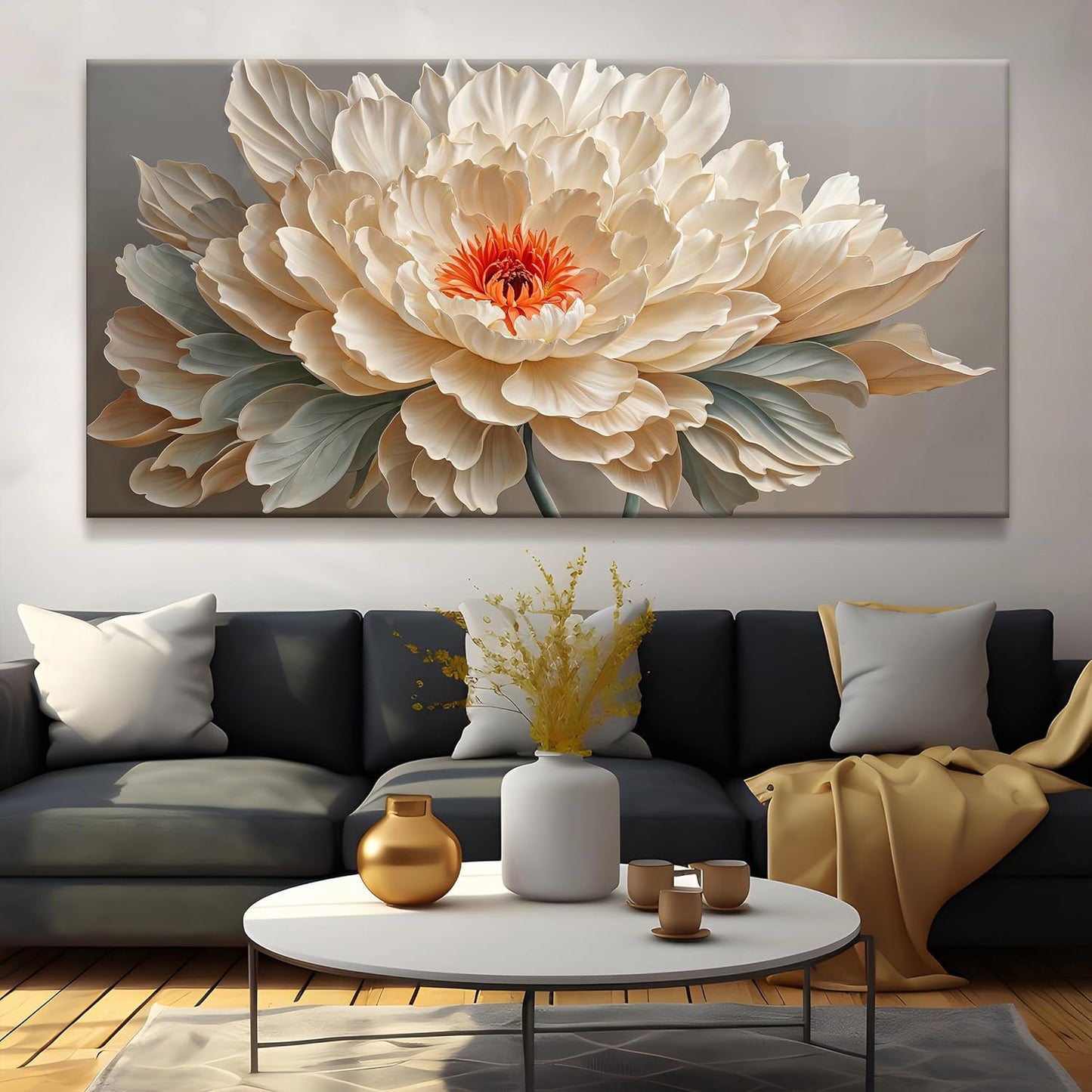 QSQ Large Wall Art For Living Room Yellow Floral Wall Art Decor Modern Canvas Art Wall Decor 29" X 58" Painting White Flower Wall Art For Bedroom Apartment Office Dining Room Home Wall Decoration