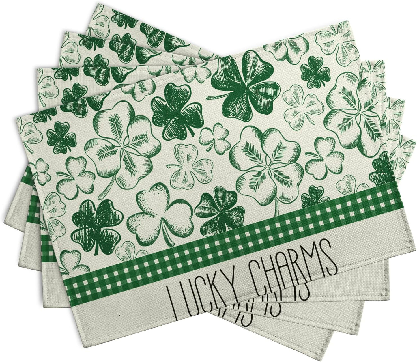 Green Shamrock St Patricks Day Placemats Set of 4 Lucky Clover Plaid Check Table Mat 12x18 Inch St. Patrick's Day Seasonal Holiday Place Mats Spring Linen Placemat for Party Kitchen Dining Decor