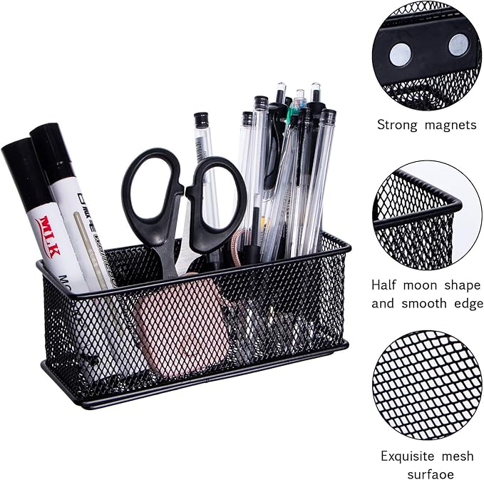 dedoot Magnetic Pencil Holder, Black Mesh Pen Organizer Strong Magnetic Storage Basket Organizes Pens, Pencils, Markers for Whiteboard, Locker, Fridge, Cubicle Desk, Offices 6.3x2.3x2.6inch