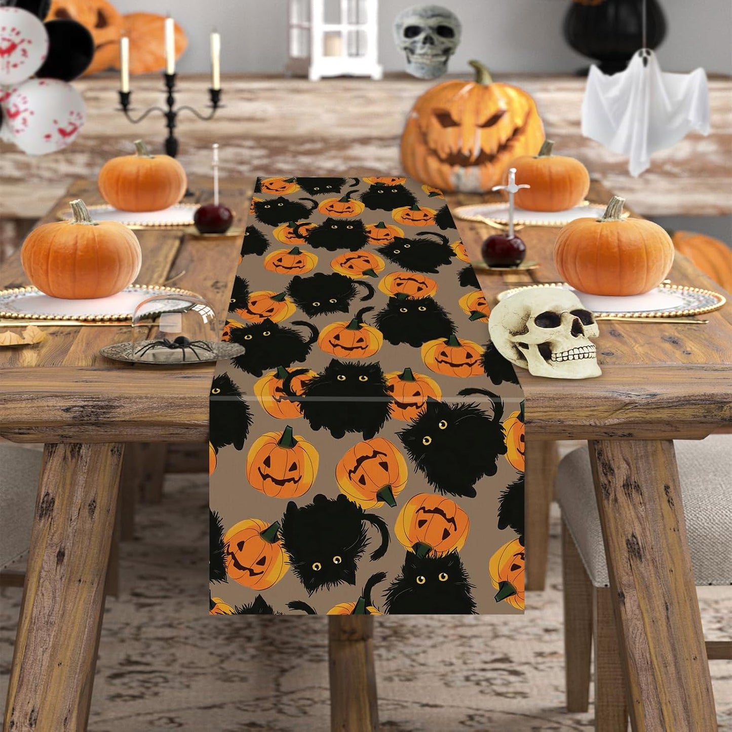 Halloween Table Runner Black Cat Pumpkins Seasonal Kitchen Dining Table Home Outdoor Party Decorations 13x36 Inch