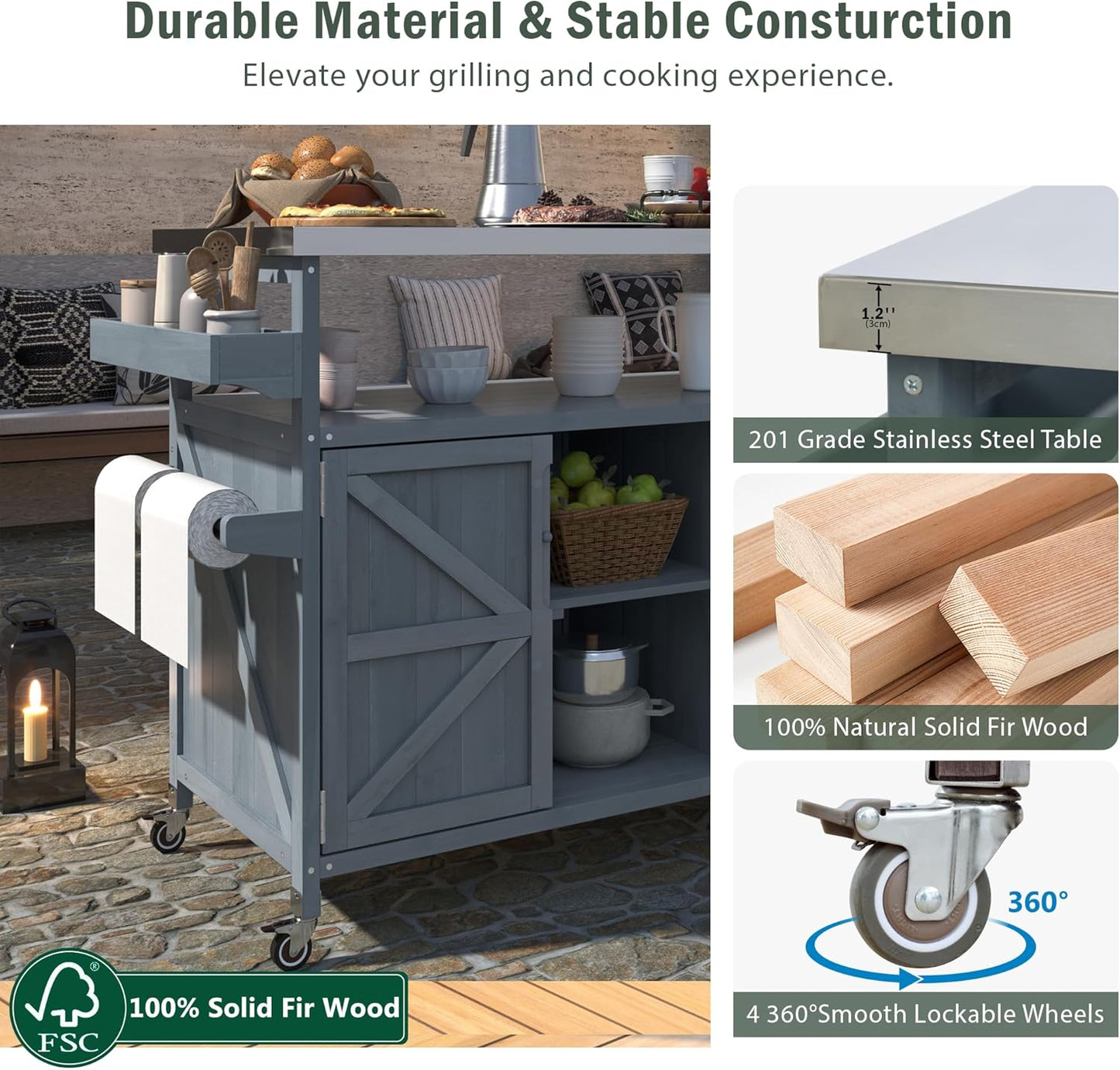 Outdoor Solid Wood Grill Table with Stainless Steel Top, Farmhouse Kitchen Island with Storage Cabinet, Outdoor Bar Cart with Internal Storage Rack, Spice & Towel Rack, Grey Blue