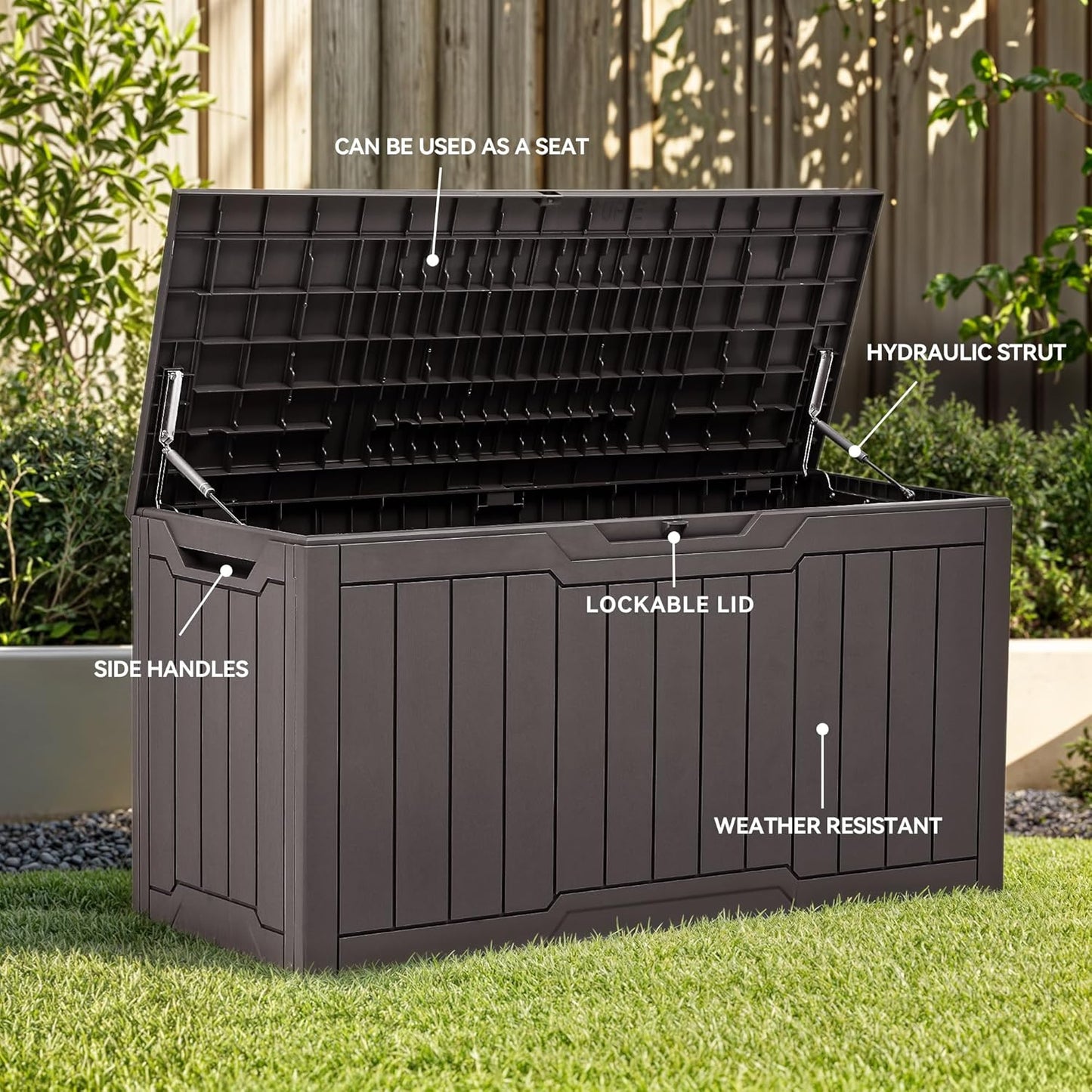 YITAHOME 100 Gallon Outdoor Storage Box, Large Water Resistant Resin Deck Box, Indoor Outdoor Lockable Storage Container for Patio, Garden, Cushions, Tools, Equipment (Dark Brown)