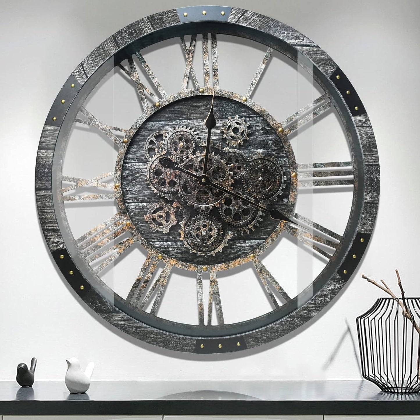 DORBOKER 36" Extra Large Wall Clock with Moving Gears, Oversized Giant Industrial Steampunk Rustic Clocks for Wall Decor Living Room Home Office, Solid Wood Retro Metal,Carbon Grey