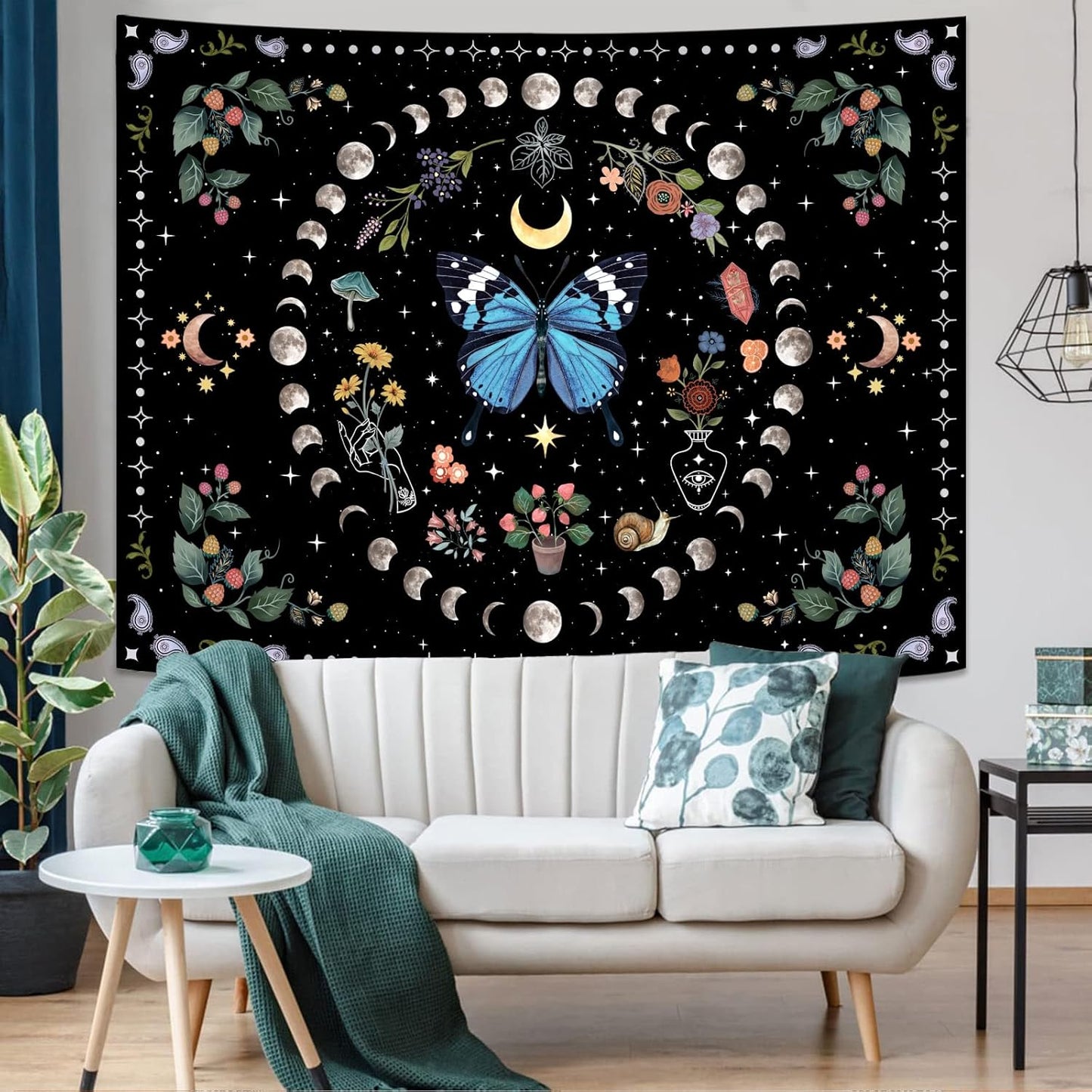 Aipon Blue Butterfly Moon Flower Wall Hanging - Botanical Boho Floral Tapestry for Bedroom & Living Room (44.00" x 60.00", Blue)