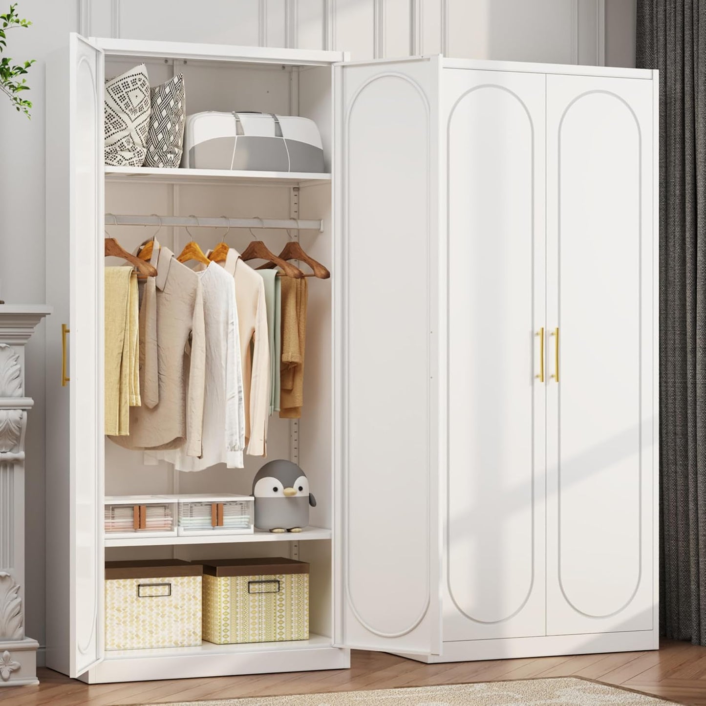71" White Wardrobe Closet with 2 Doors, Metal Armoire Wardrobe Cabinet with Hanging Rod and Adjustable Shelves, Clothing Storage Cabinets for Bedroom, Laundry Room, Home Office