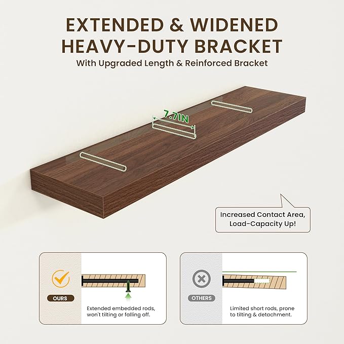 12 Inch Deep Floating Shelves, 48W x 12D Rustic Large Floating Shelves, Deep Walnut Wood Wall Shelves Set of 1 for Living Room Bathroom Laundry Room Bedroom Kitchen Home Office - Walnut