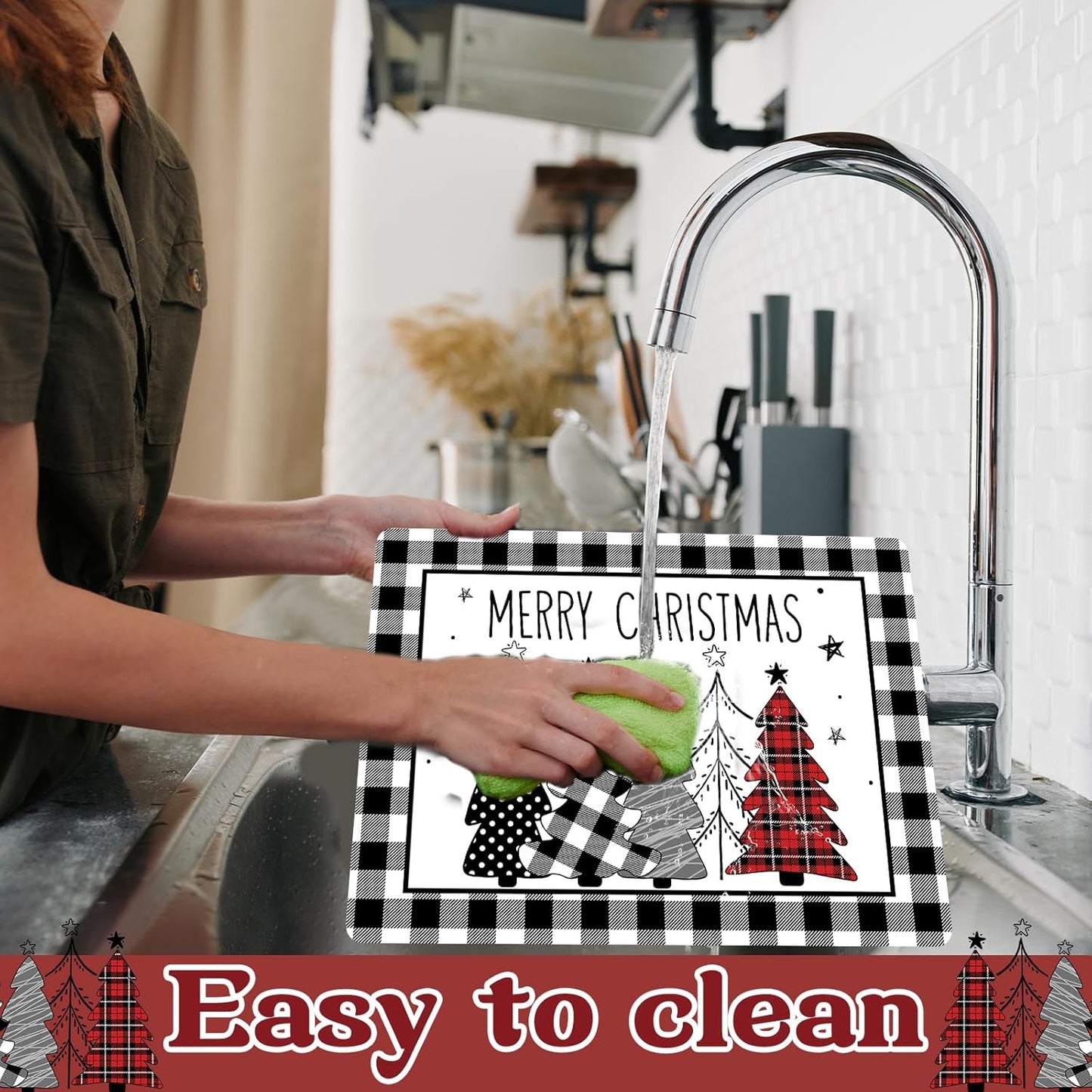 Christmas Placemats Set of 6 Christmas Tree Plastic Table Mats Xmas Trees Black and White Buffalo Plaid Place Mats Winter Holiday Table Decoration for Indoor Outdoor Party Kitchen Dining