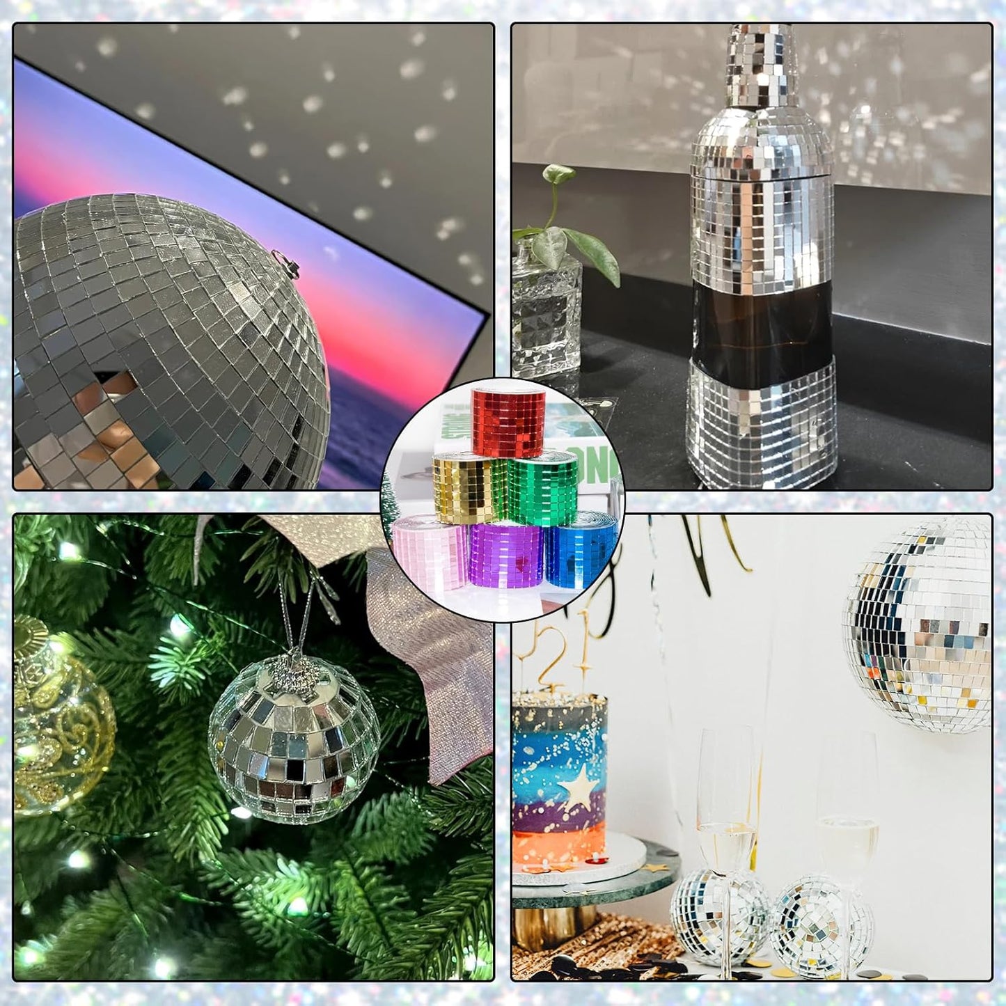 Gold Self-Adhesive Glass Mirror Mosaic Tiles, 5 x 5 mm Square Mirror Tiles, 3200 Pieces Disco Ball Tiles for DIY Craft, 2 Rolls Disco Mirror Tiles for Interior, Art Collage, Card Making, Cups