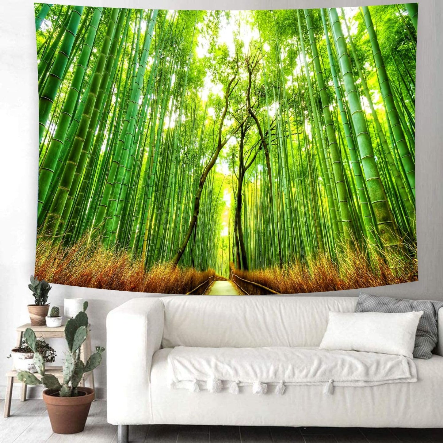 Delur Forest Pathway Tapestry Sunset Tropical Rainforest Nature Tree Tapestry Wall Hanging Sunrise Scenic Natural Green Landscape Headboard for Bedroom Living Room Home Decor (59.1" x 78.7")