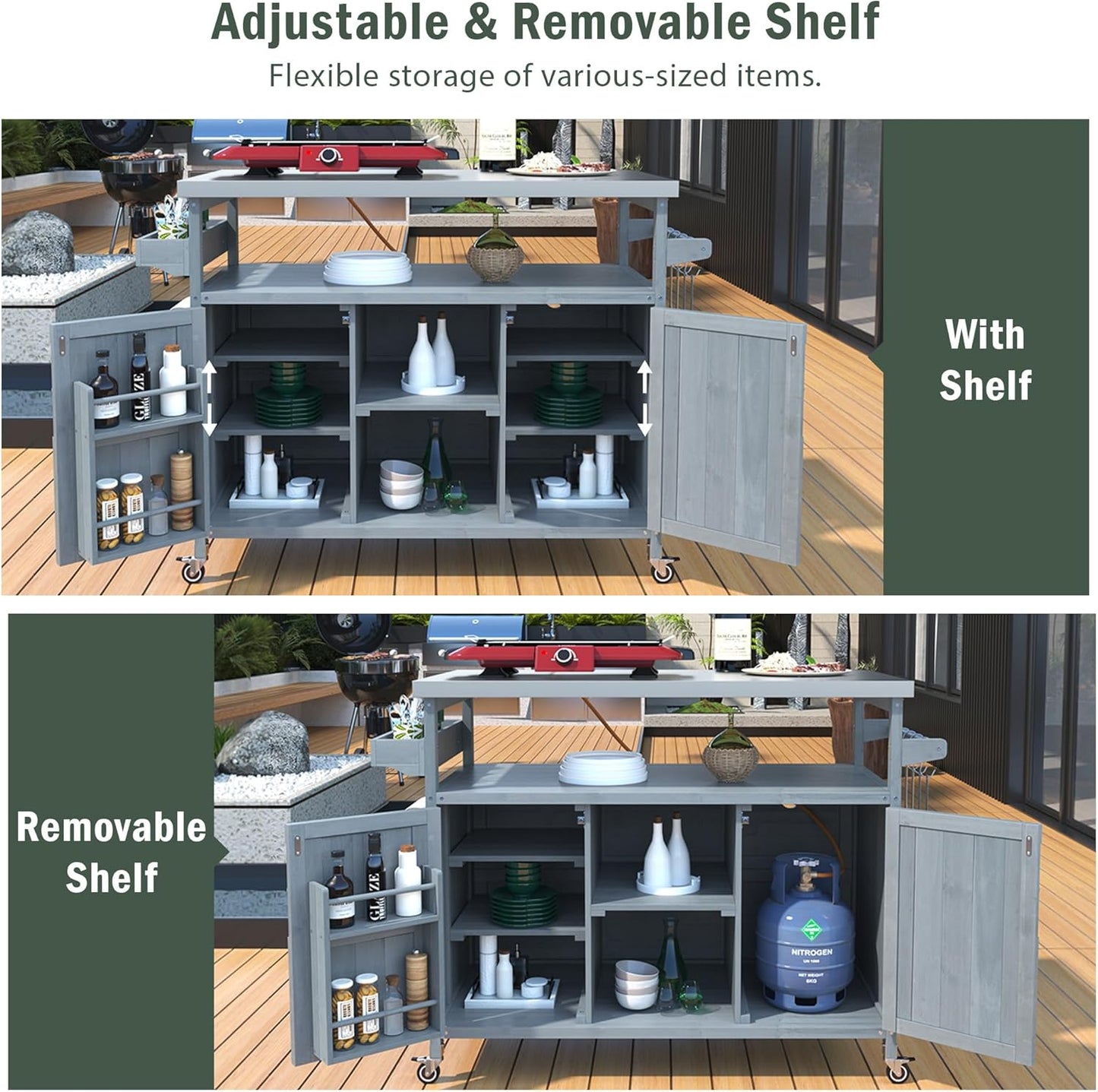 Outdoor Kitchen Island, Rolling Bar Cart & Storage Cabinet, Farmhouse Solid Wood Outdoor Grill Table with Stainless Steel Top, Spice Rack, Towel Rack for Kitchen & BBQ, Grey Blue