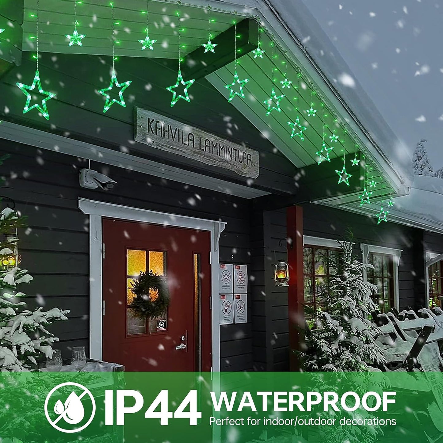 Green Star Icicle Lights,126LED 8.2FT Christmas String Lights with 8 Modes Waterproof,Clear Wire Plug Memory Timer Curtain Lights for St Patrick’s Day Holiday Yard Garden Decorations(Green)