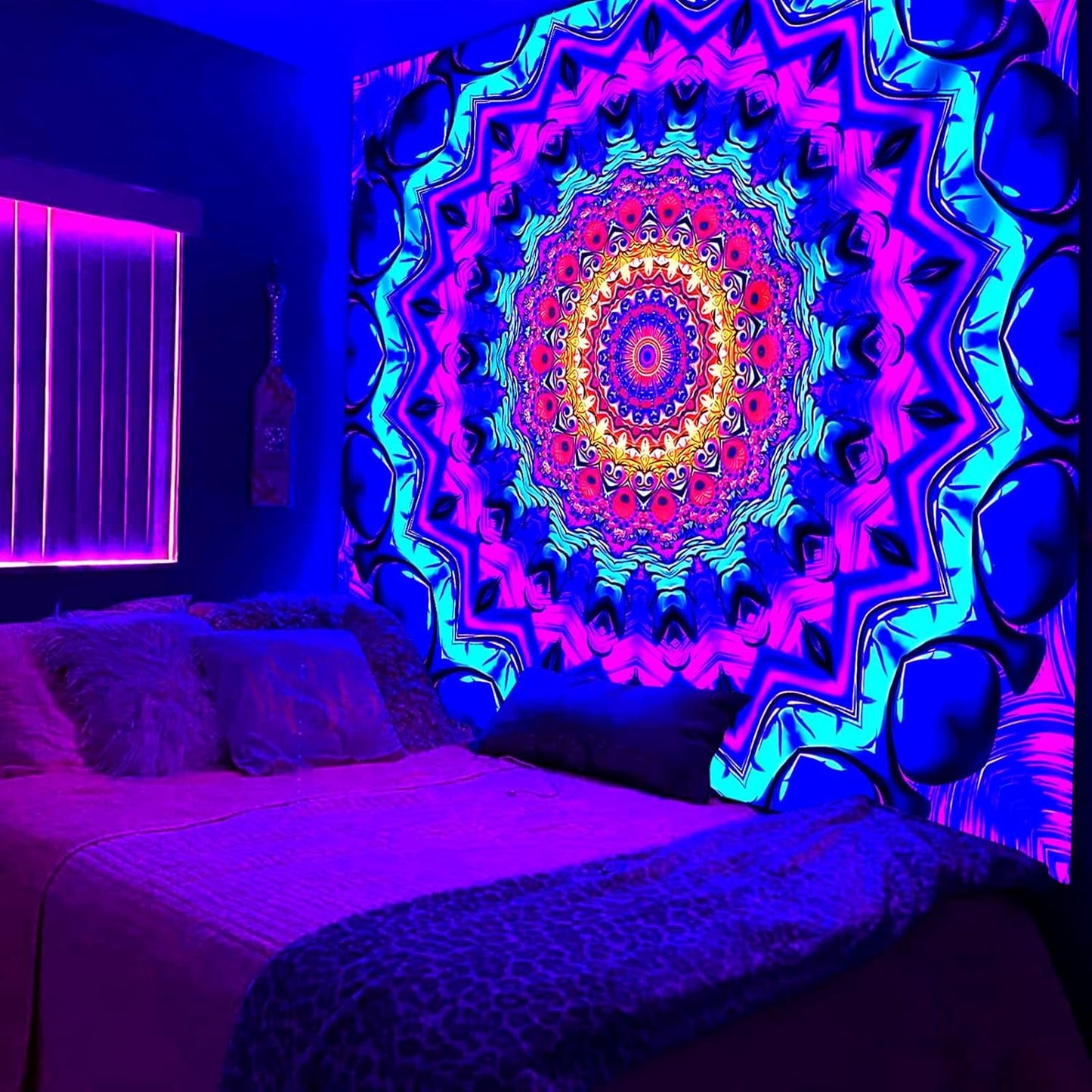 Blacklight Mandala Tapestry for Bedroom, Black Light Posters for Adults and Teens, Colorful UV Reactive Aesthetic Bohemian Wall Art Decor (40 x 30 Inches)