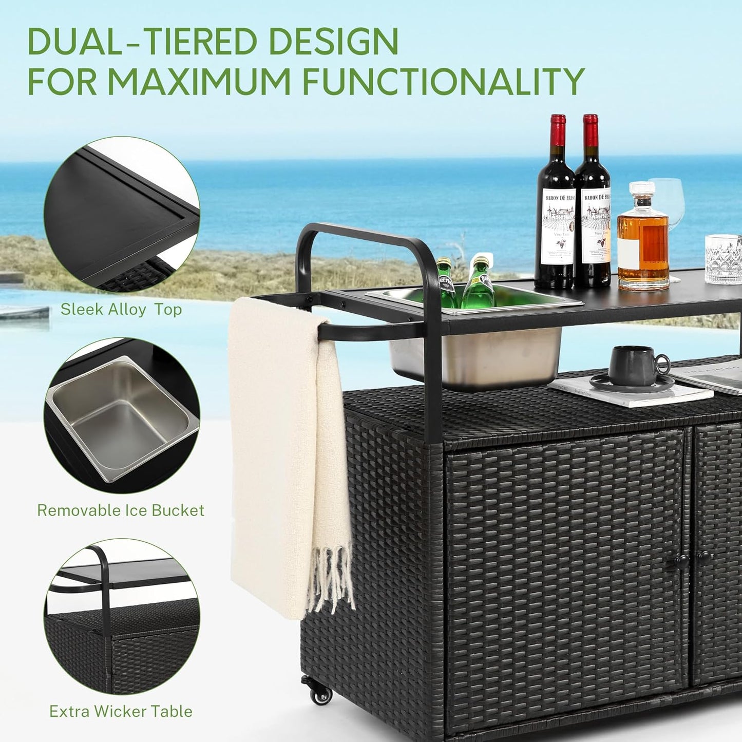 Wicker Outdoor Bar Cart with Ice Bucket, Patio Bar Table with 2 Ratten Doors Cabinet and Casters for Grill, Kitchen and Garden,Black