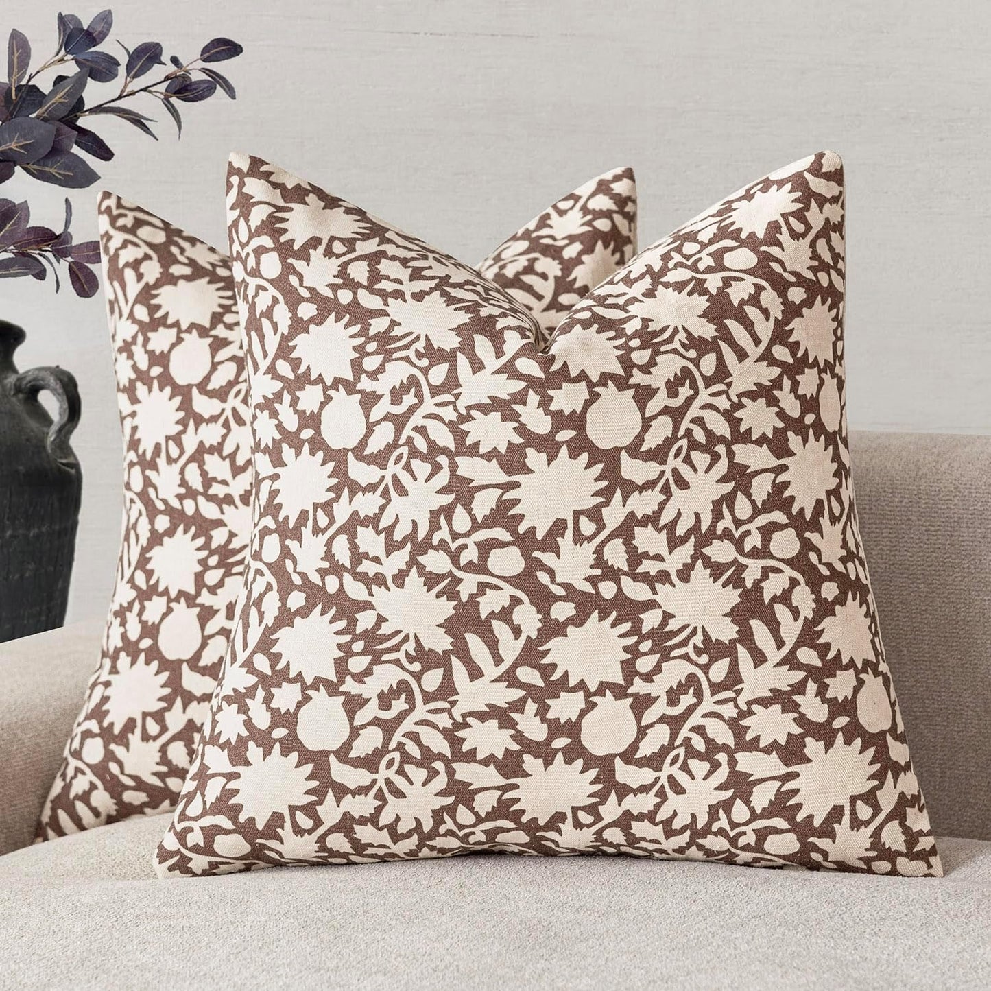 Foindtower Set of 2 Decorative Neutral Floral Throw Pillow Covers Accent Farmhouse Cushion Covers Boho Vintage Pillowcase for Couch Sofa Bedroom Living Room Home Decor Outdoor,24×24 Inch,Brown