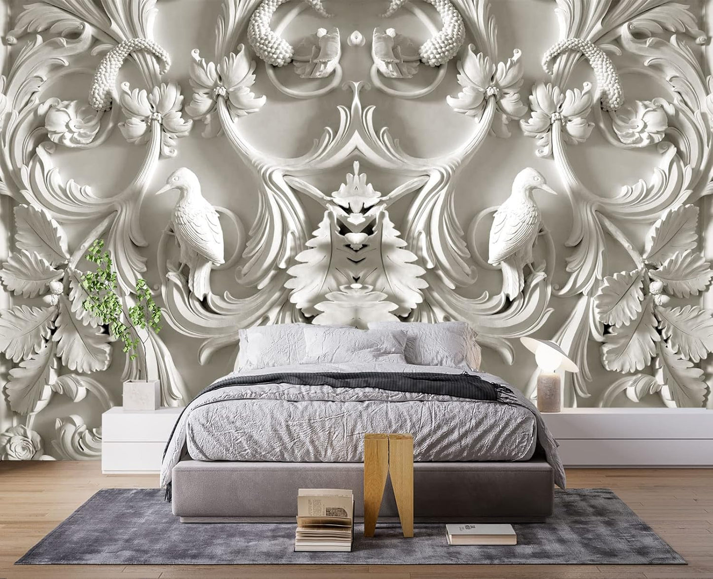 White Gypsum Art Wall Mural Wallpaper for Bedroom 103" x 69"