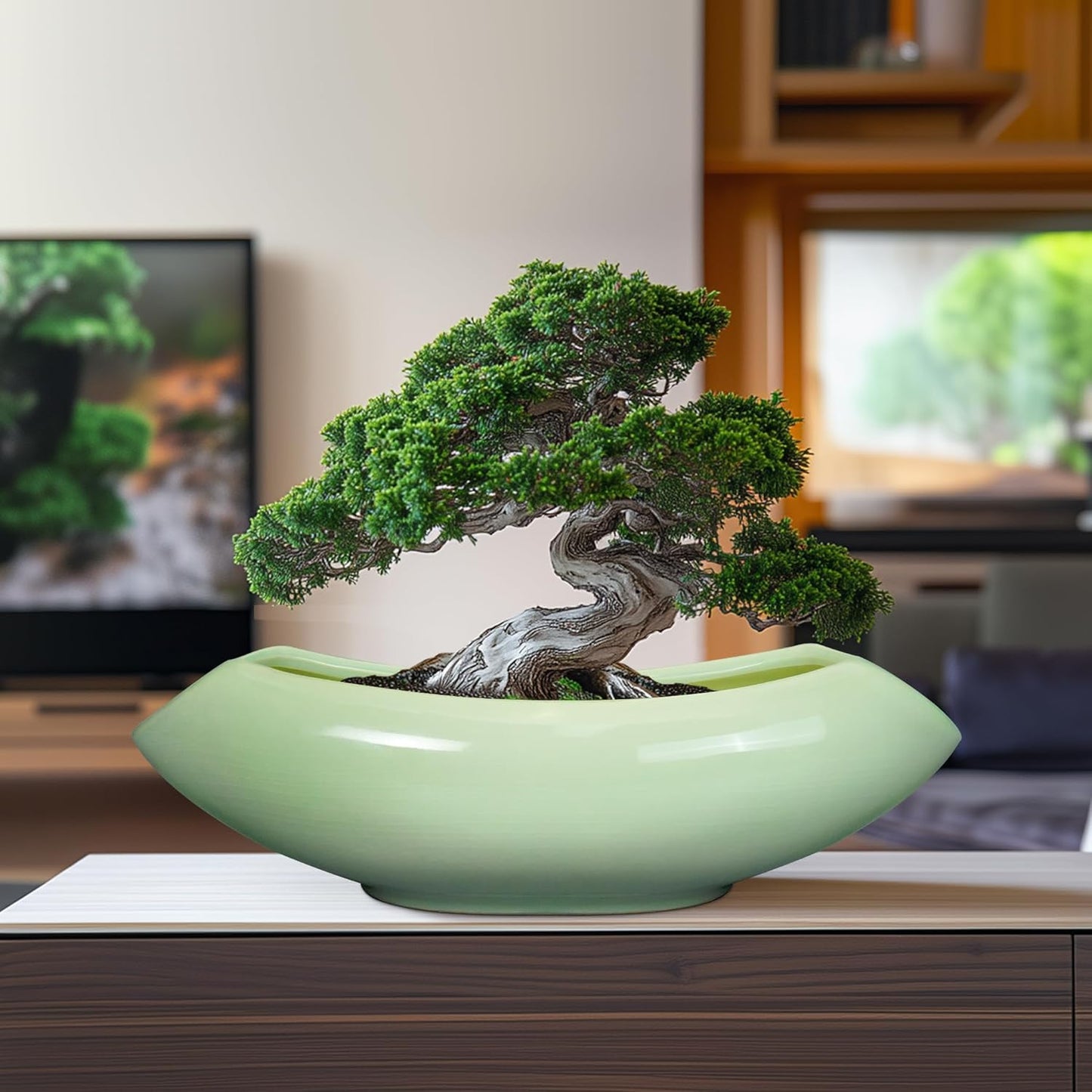 Ceramic Bonsai Pots - Large Succulent Planter 18 Inch Plant Pot Indoor Succulent Pot with Drainage Hole Outdoor Planter Bonsai Tree Pot for House Home Garden Decor Green