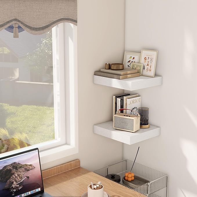 Fun Memories 12 Inch Floating Shelf, Rustic Wood Wall Shelves for Wall Decor & Storage, 12 x 12 Floating Shelf for Living Room, Bathroom, Bedroom, White, Set of 2