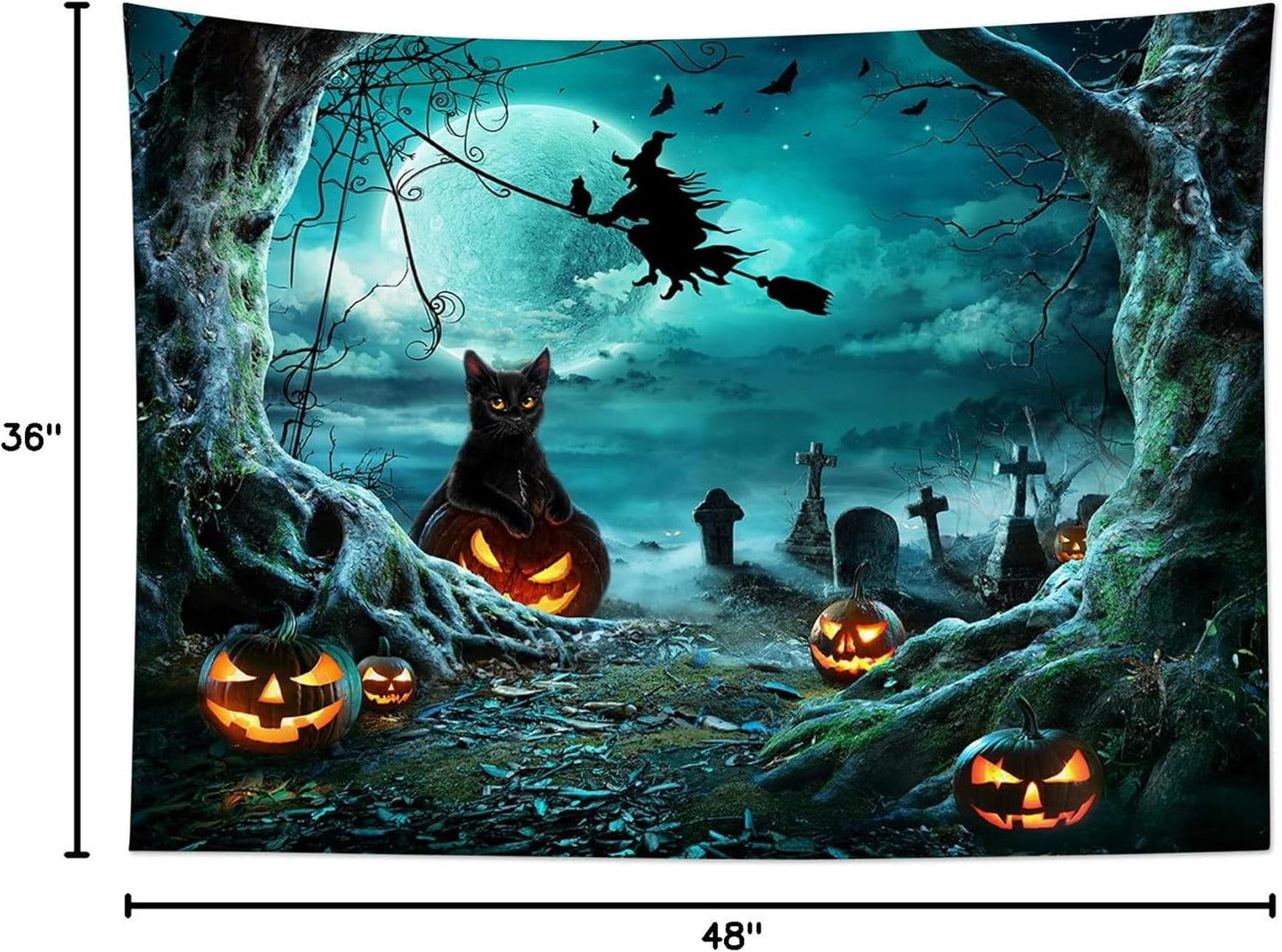 LB Halloween Pumpkin Tapestry Creepy Black Cat Witch Dead Tree in Spooky Graveyard Full Moon Night Halloween Wall Hanging for Bedroom Living Room Dorm Holiday Party Decor 48x36 Inch