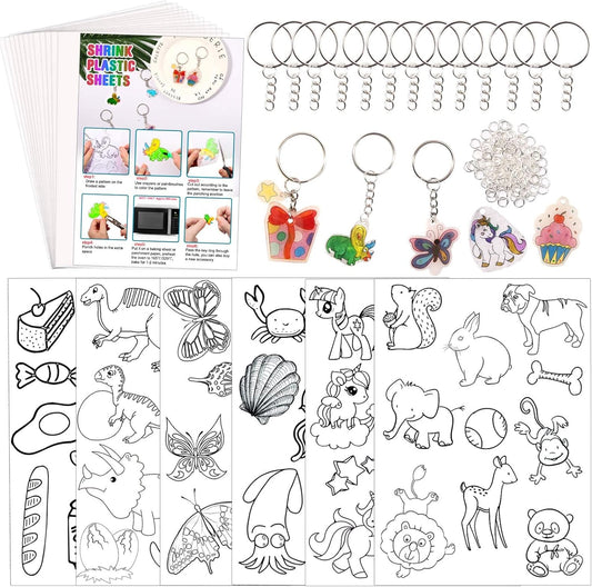 Natonhi Shrinky Dink Sheets Kit 145Pcs Shrink Art Kit Including 20pcs Shrinky Paper Sheets 6pcs Traceable Picture Keychains Accessories- Perfect for Shrink Paper Sheets Crafts Making