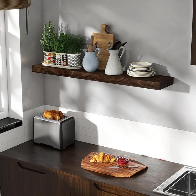 40 Inch Floating Shelves for Wall, Rustic Elm Wood Shelf for Home Decor, Heavy-Duty Wooden Floating Shelves for Kitchen, Wall Mounted Storage Shelves for Bathtoom, Living Room, Walnut Color, Set of 1