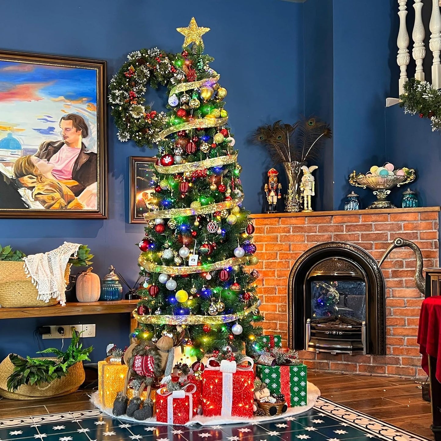 Hykolity 6ft Prelit Pencil Slim Christmas Tree with 200 Color Changing LED Lights, 544 Branch Tips, Metal Stand and Hinged Branches, 10 Color Modes