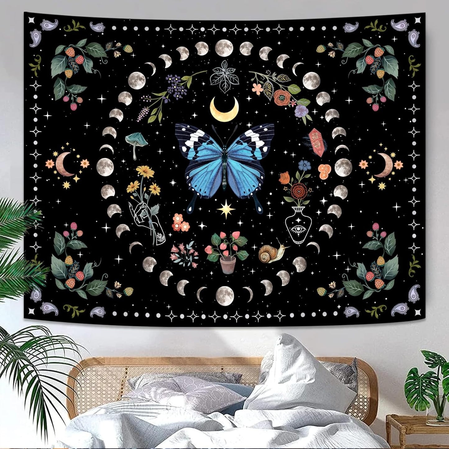 Aipon Blue Butterfly Moon Flower Tapestry for Bedroom and Living Room, 68.00" x 90.00", Boho, Botanical, Floral, Vintage