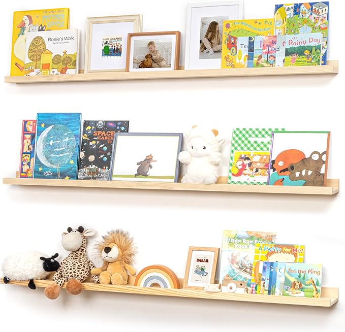Pine Wood Nursery Book Shelves 3 Pack, Floating Ledge Shelves for Kids' Room, Bedroom, Bathroom, Long Floating Shelves for Wall, Natural