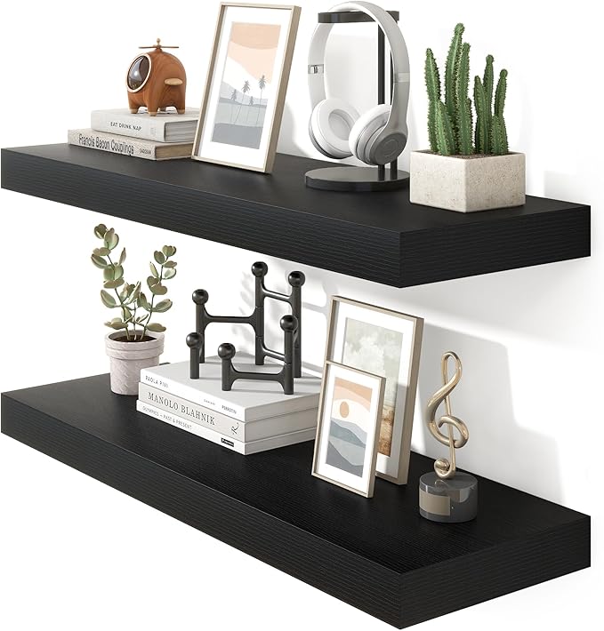 Heimlove 36 Inch Floating Shelves for Wall Set of 2,Black Wall Shelves for Storage & Decor - Heavy Duty with Invisible Brackets,Perfect for Living Room,Bedroom,Home Office