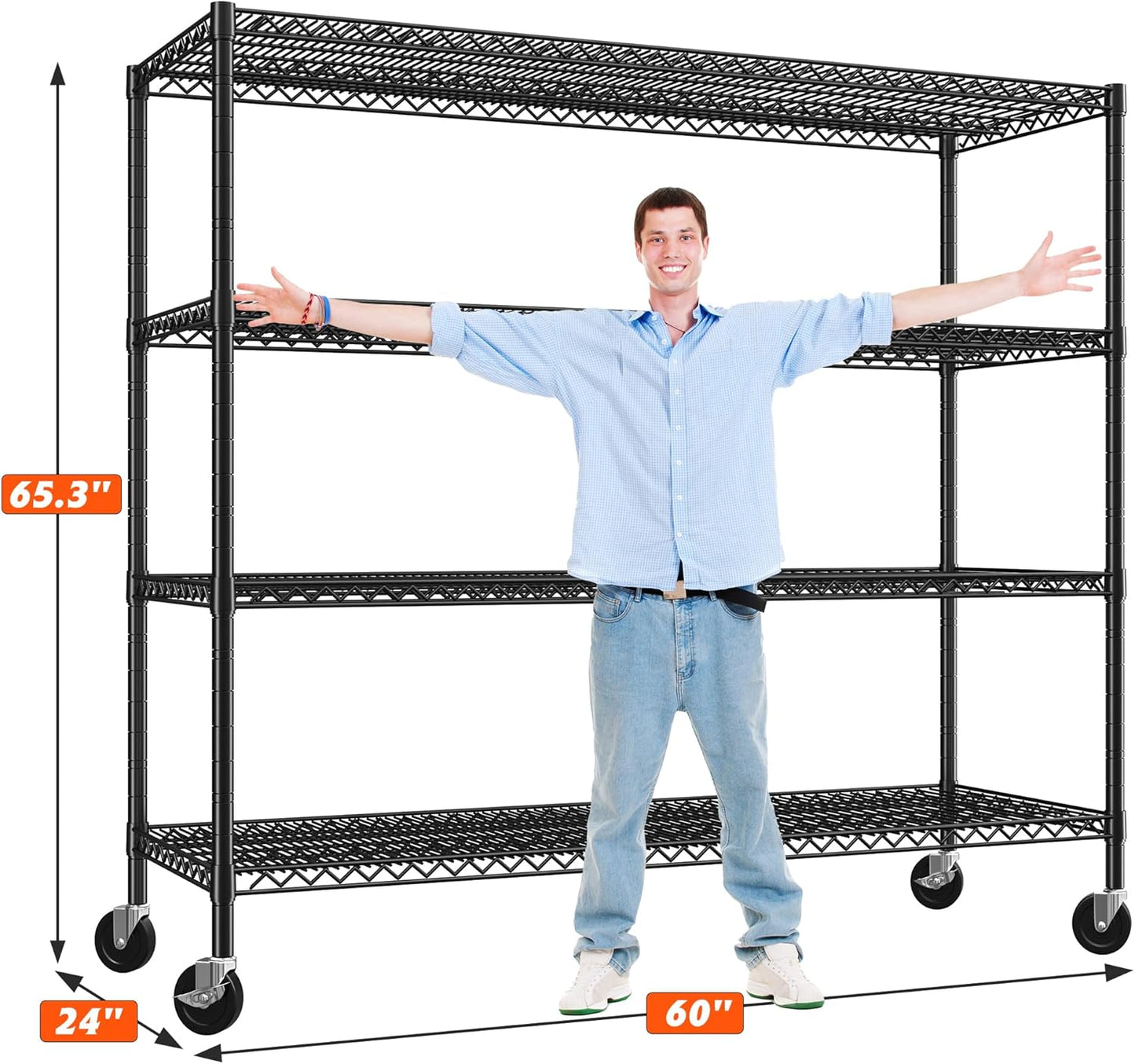 REIBII 60" W Storage Shelves 2878LBS Wire Shelving Unit with Wheels Heavy Duty Metal Shelving Adjustable Metal Shelves for Pantry,Kitchen,Garage,Basement,Business,Warehouse,60”W ×24”D×65.3”H
