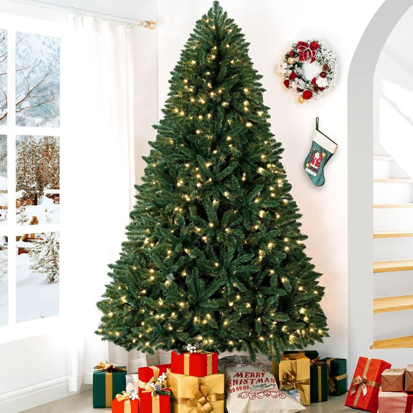 Prague 7.5ft Prelit Artificial Christmas Tree with Foot Pedal, 1717 Branch Tips, 550 Warm Lights and Metal Stand, 56" Wide Realistic Spruce Christmas Tree with Lights by Naomi Home