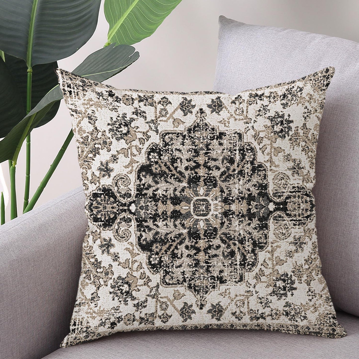 Outdoor Waterproof Pillow Covers - 18x18 Inch Set of 2 Bohemian Vintage Carpet Pattern Pillow Covers in Black & Grey Ethnic Design for Decorative Farmhouse, Couch, Garden, Balcony