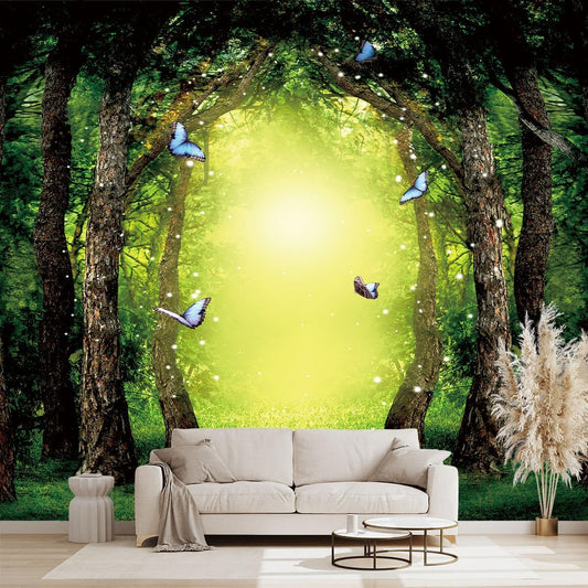 Classy Dream Butterfly Forest Tree Wallpaper for Bedroom Jungle Woodland Wall Mural Living Room Large Woods Adhesive Fabric decorr - 137"x96"（Not Peel and Stick）