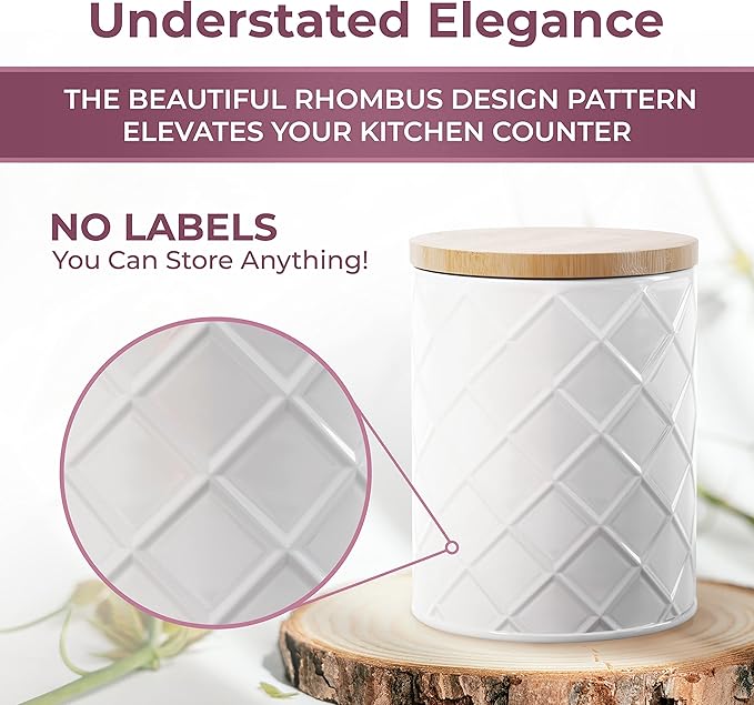 Pebble & Stem® White Metal Canister Set for the Kitchen Counter, Food Canister Set of 4, Airtight Lids, Sugar and Flour Containers for Countertops, Coffee and Tea Storage, Farmhouse Decor