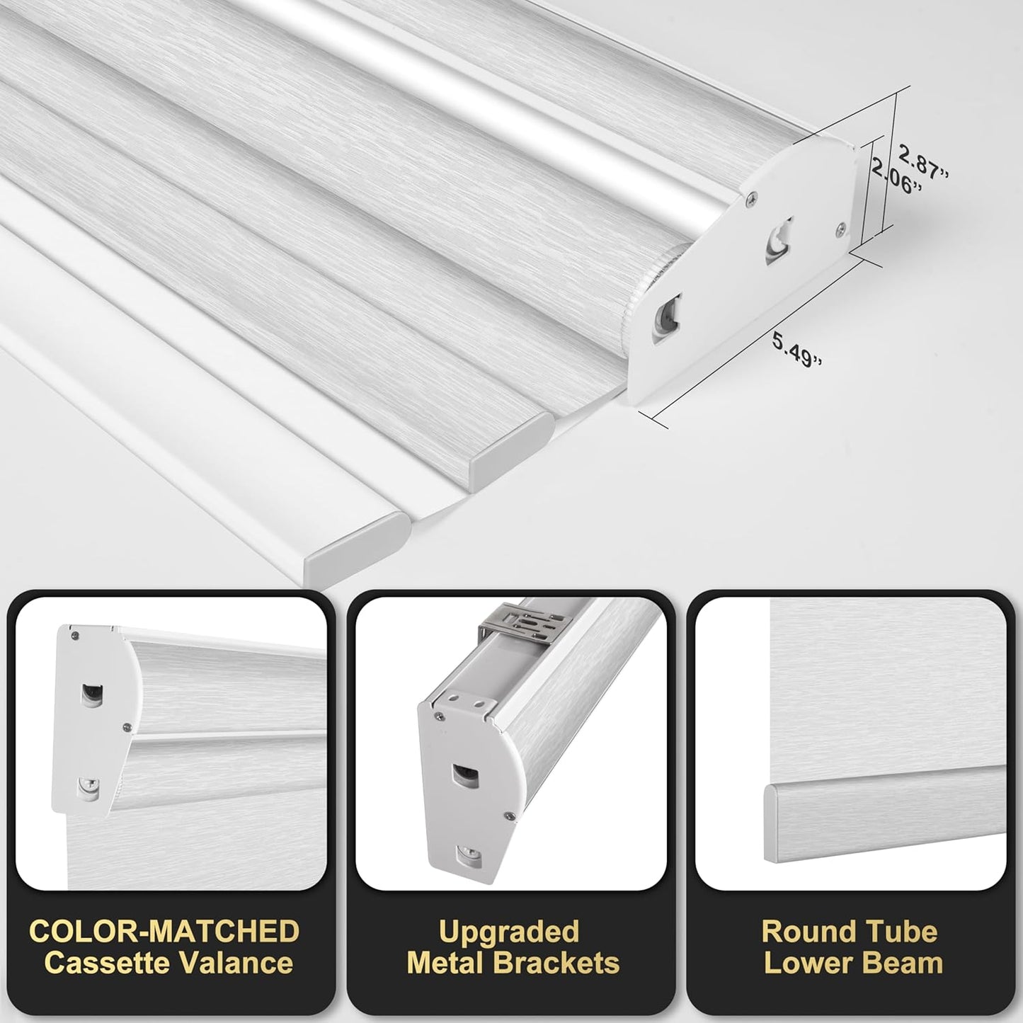 BERISSA Cordless Dual Roller Shades with Cassette Valance, Double Window Shades - Blackout and Light Filtering, Day and Night for Home Office Door. Striped Jacquard White. 51 W x 86" H