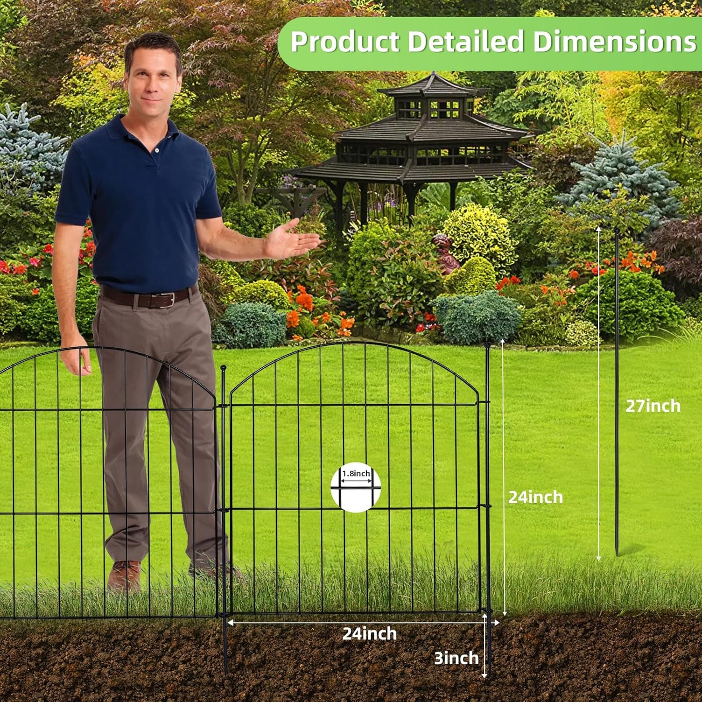 Decorative Garden Fence 24in (H) x20ft (L), 10 Pack No Dig Fence Animal Barrier for Dog, Arched Flower Bed Edging, Wire Border Panel Fencing for Yard Patio Outdoor Decor