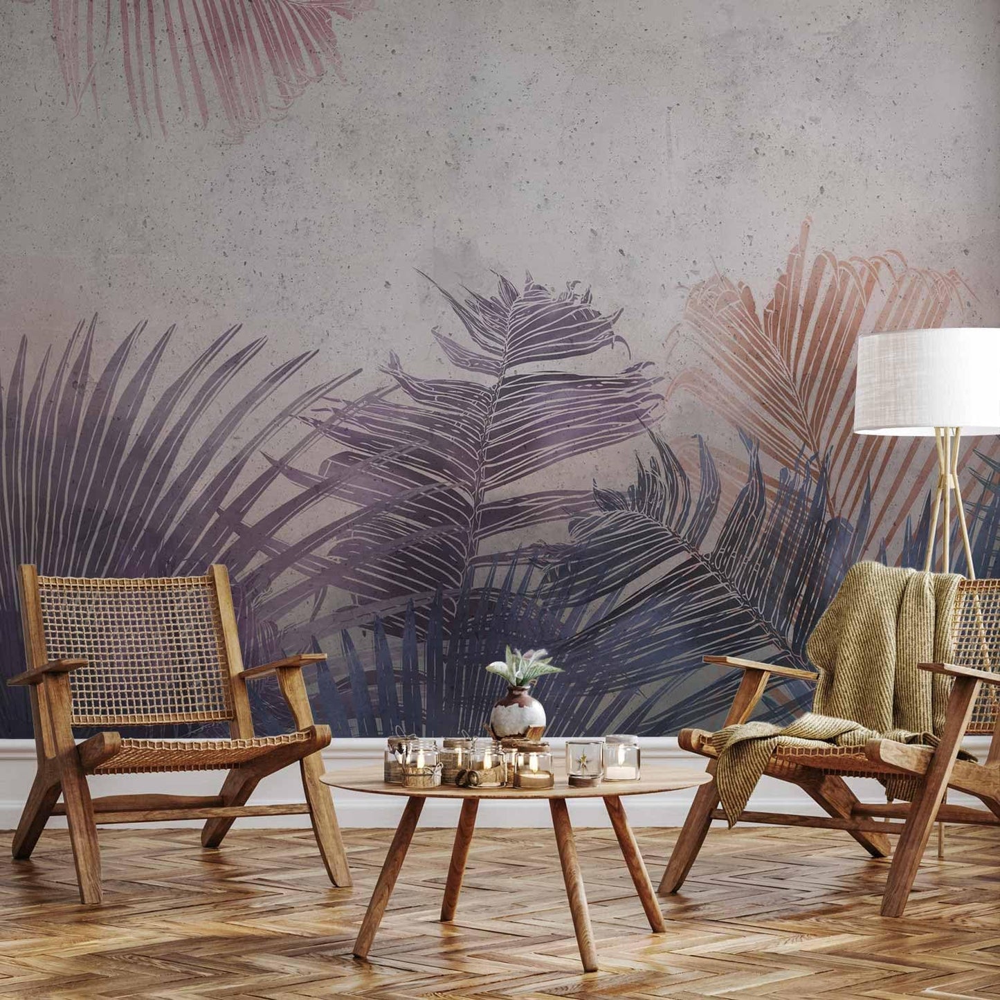 artgeist Wall Mural Jungle 173x124 in - Peel and Stick Self-Adhesive Wallpaper Removable Large Sticker Foil Wall Decor Print Picture Image Design Leaves Botanical Nature Purple Grey b-A-0827-a-a