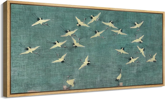 MUDECOR Extra Large Framed Canvas Print Wall Art Serene Skies White Birds in Flight on Teal Antique Retro Fine Art Illustrations Decorative Colorful for Bedroom - 60"x30"