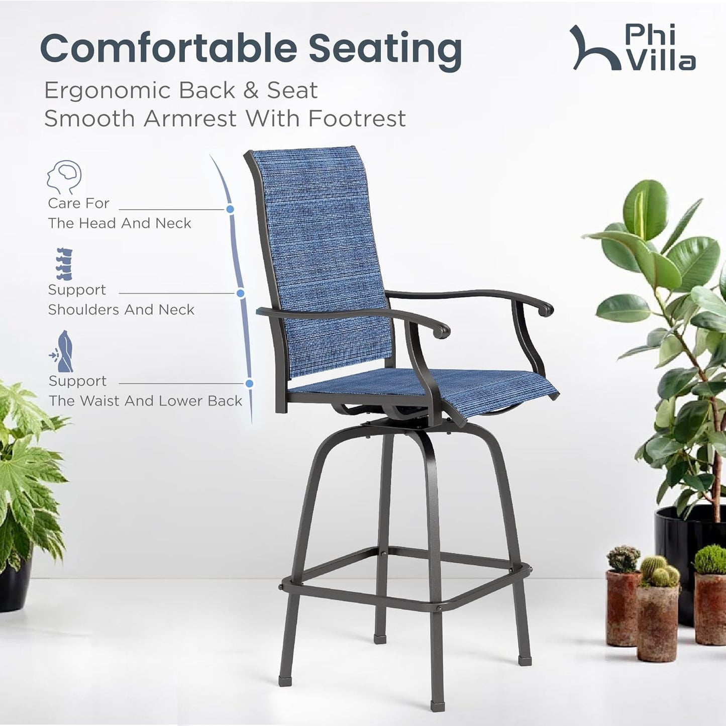 PHI VILLA 3 Piece Outdoor Bar Set, High Top Patio Bistro Table and Bar Chairs with Blue Textilene Fabric & Rustproof Metal Frame for Backyard, Balcony, Garden & Poolside