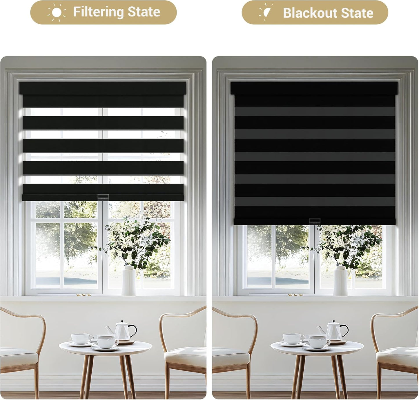 Cordless Zebra Blinds for Windows, Blackout Interior Blinds,Easy to Install,UV Protection,for Offices and Home,Custom Roller Shades, Solid Black, 58" W x 64" H
