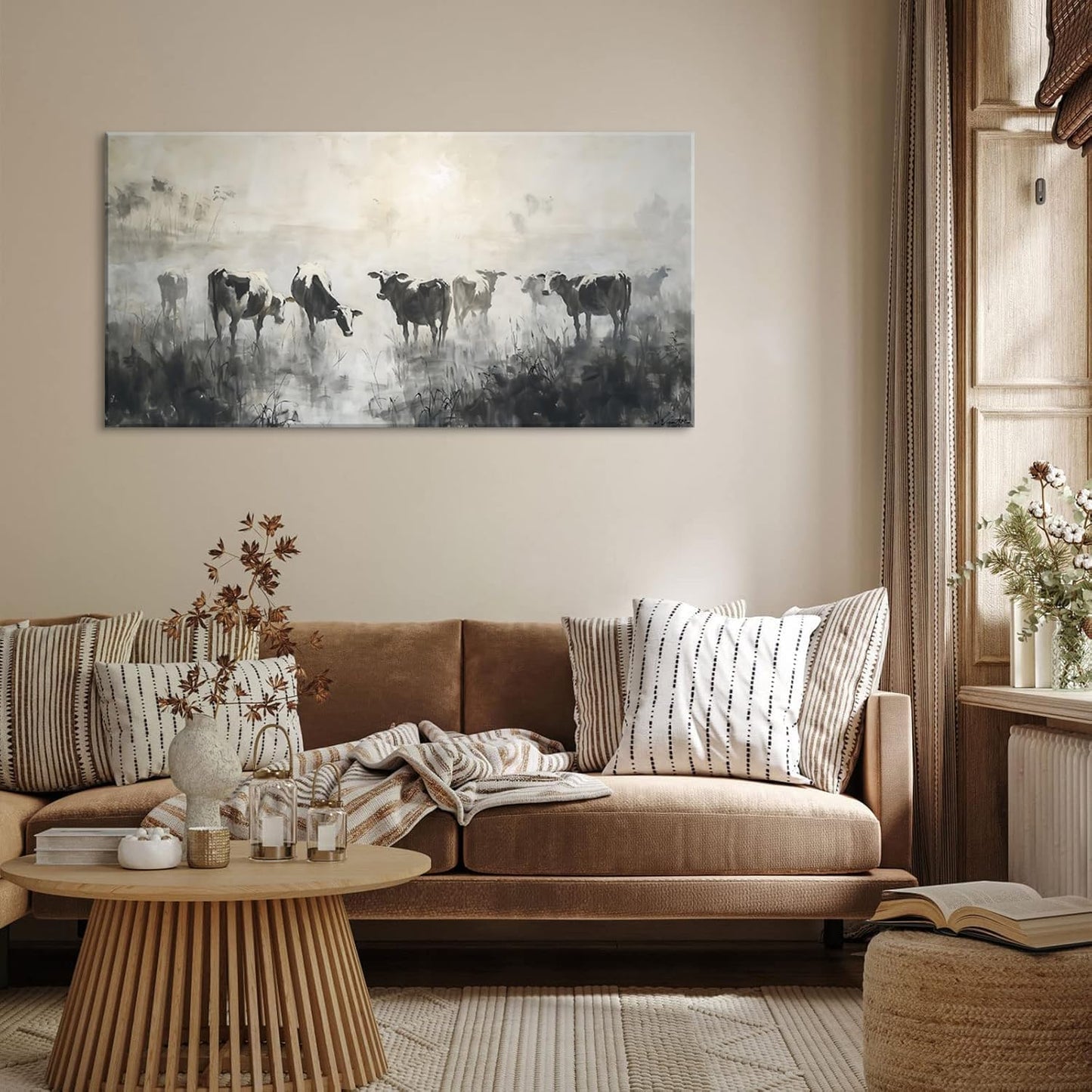 LASMOND Black and White Cow Wall Art for Living Room Ink Wash Canvas Painting Prints Morning Cattle Vintage Country Farmhouse Artwork Bedroom Office Decor (40x20 Inches)