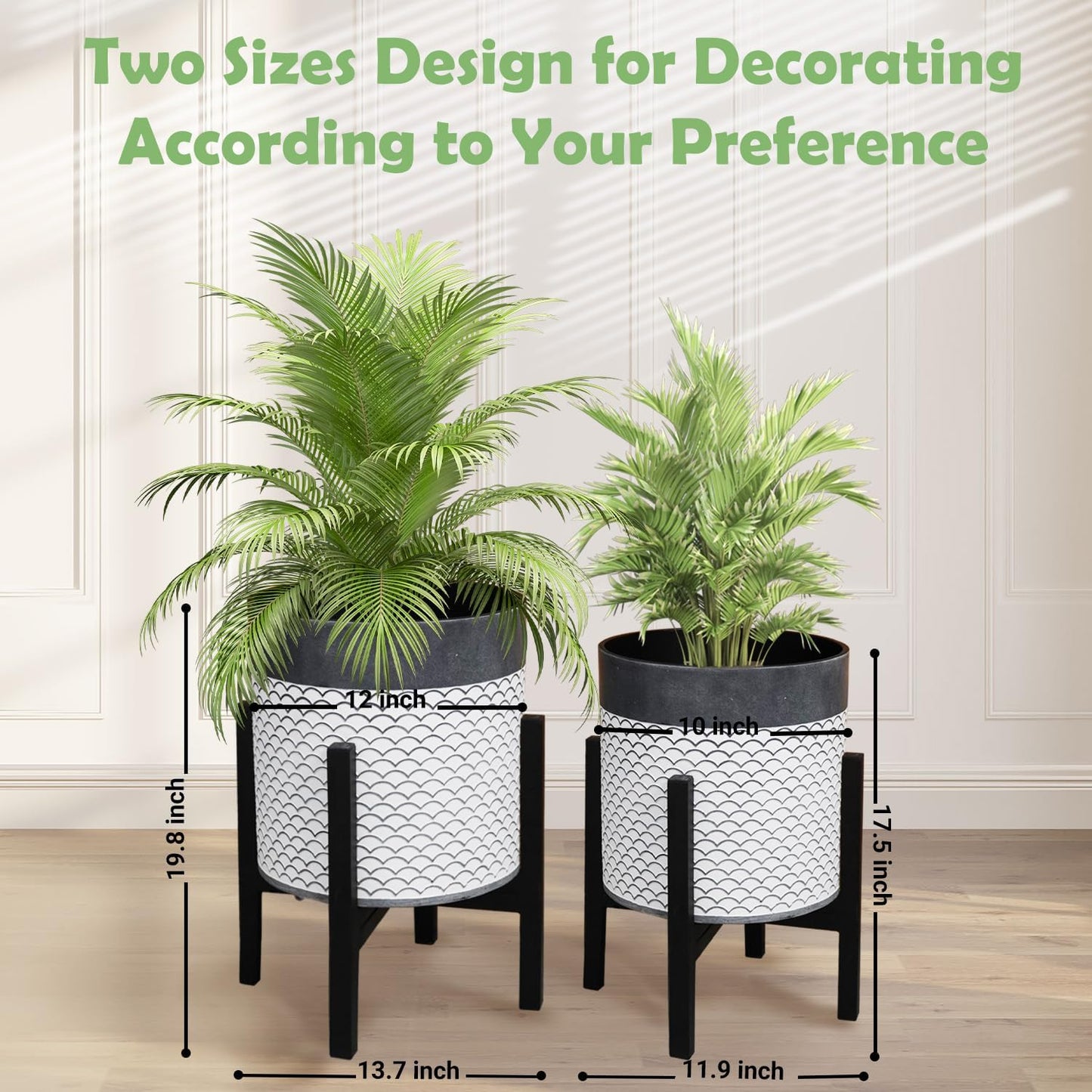 Planter with Stand Set of 2, Mid Century Plant Pots with Metal Legs Indoor, Modern Flower Pots with Drainage Holes, Decorative Garden Pot for Living Room, Office, Garden, or Balcony 10 & 12 inches