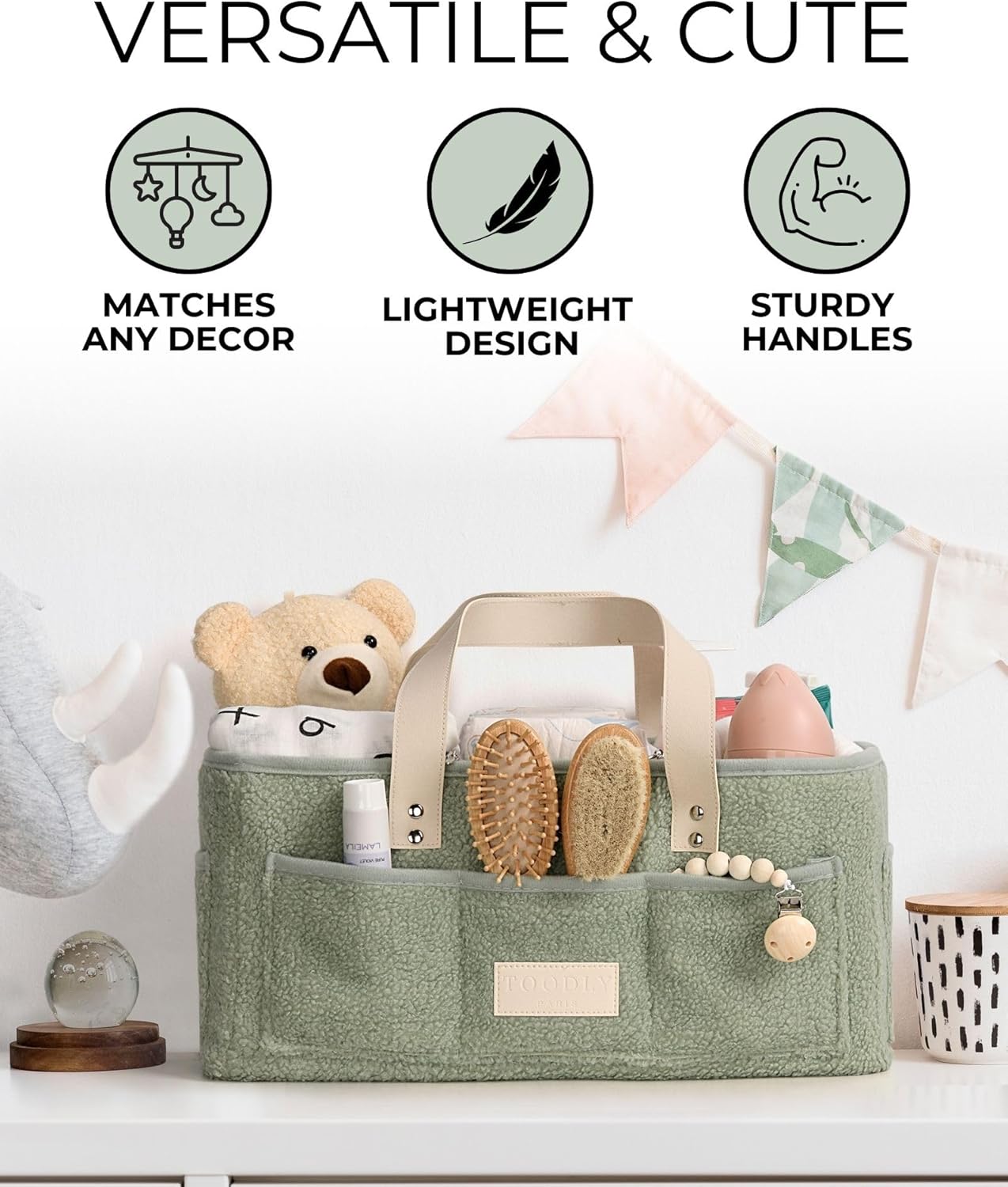 Baby Diaper Caddy Organizer with Portable Changing Mat - Teddy Fleece Diaper Organizer for Changing Table - Basket for Changing Essentials - Baby Essentials Organizer with Removable Dividers