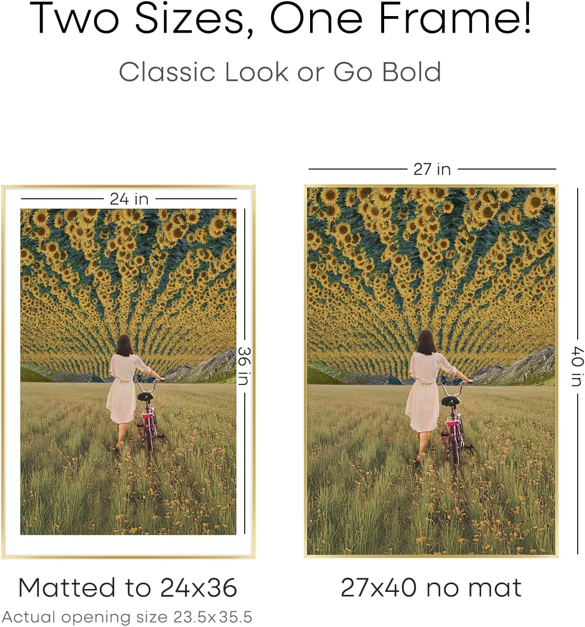 Homeforia 27x40 Picture Frame Gold, High End Metal 27 x 40 Large Poster Frames with Mat 24 by 36 inch Photo, 27x40 Gold Frame Matted to 24x36 for Print, 40x27 Frame, Tempered Glass, Wall Kit, Set of 1