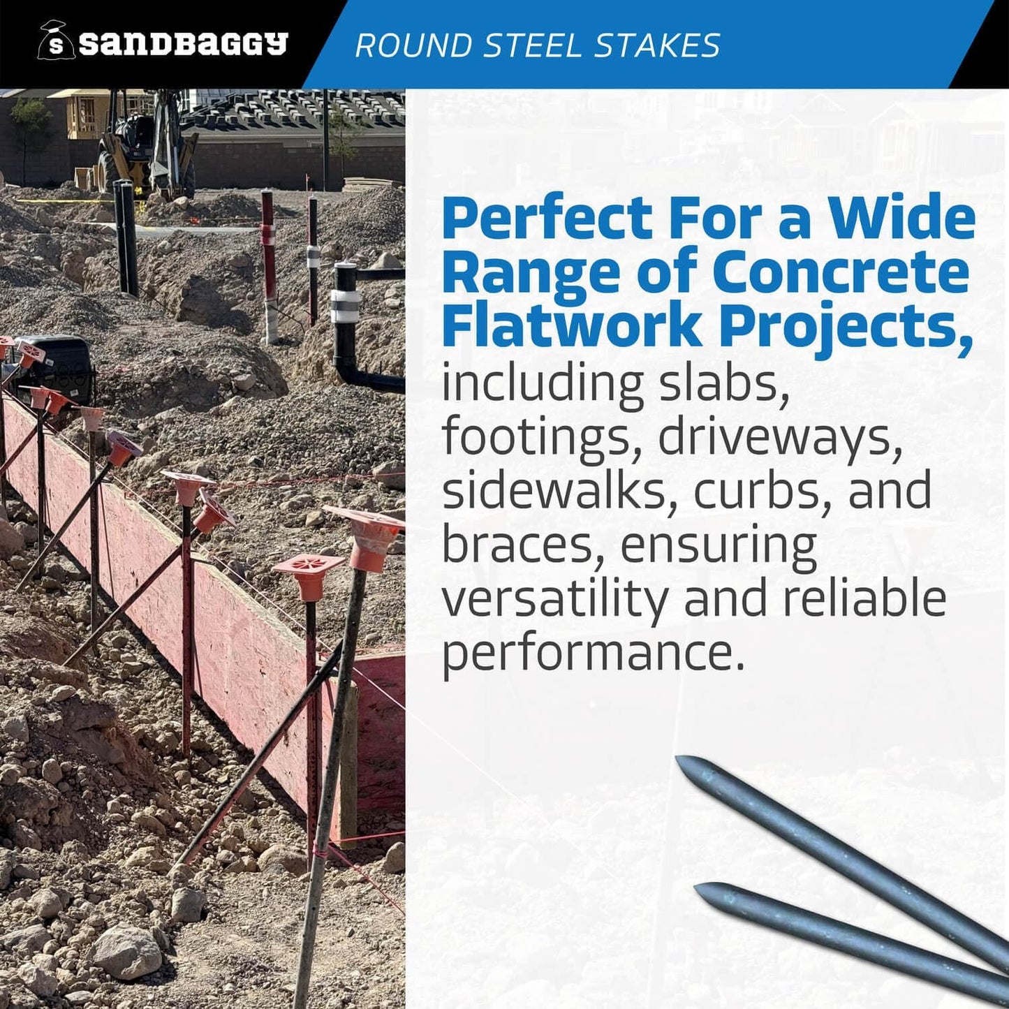 Sandbaggy Round Steel Concrete Form Stakes with Nail Holes - Rust Resistant Coating - Removable, Reusable (50, 3/4 in X 24 in)