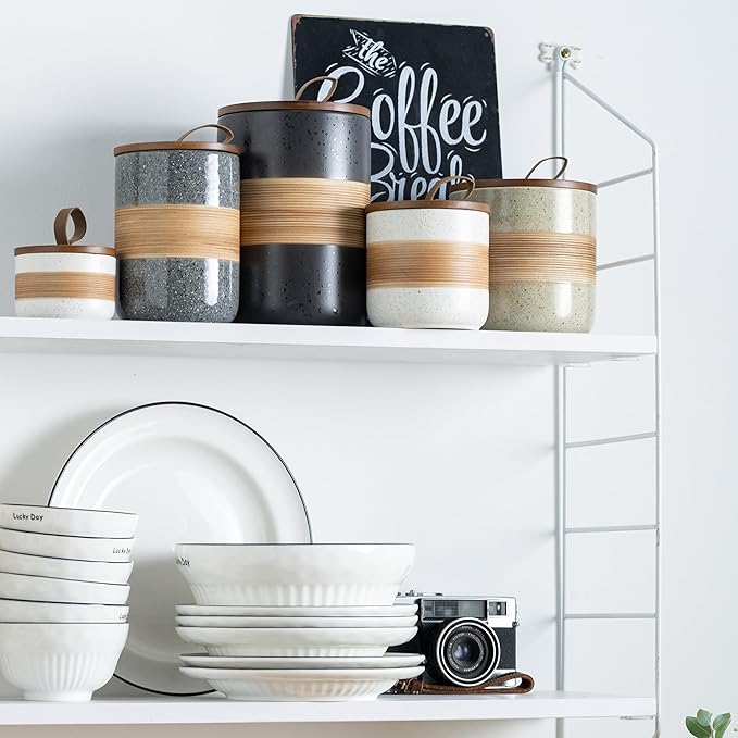 Small Ceramic Jar with Lid, Coffee Container Kitchen Food Storage Jars for Spice Sugar Tea Bag Matcha Container Airtight, Stacairtightkable Decorative Jars for Countertop, Black & 5oz