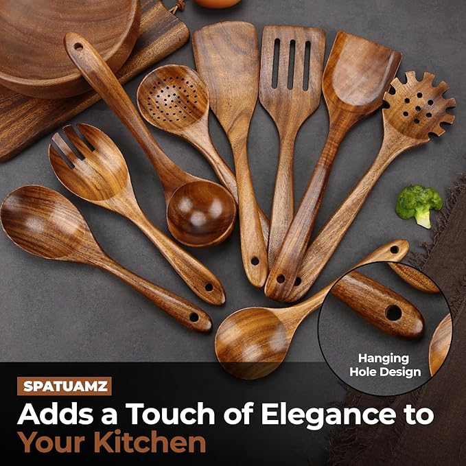 SPATUAMZ Natural Kitchen Utensils Set Wooden, Teak Wooden Spoons for Cooking, Wooden Utensils Set of 9 for Any Kitchen