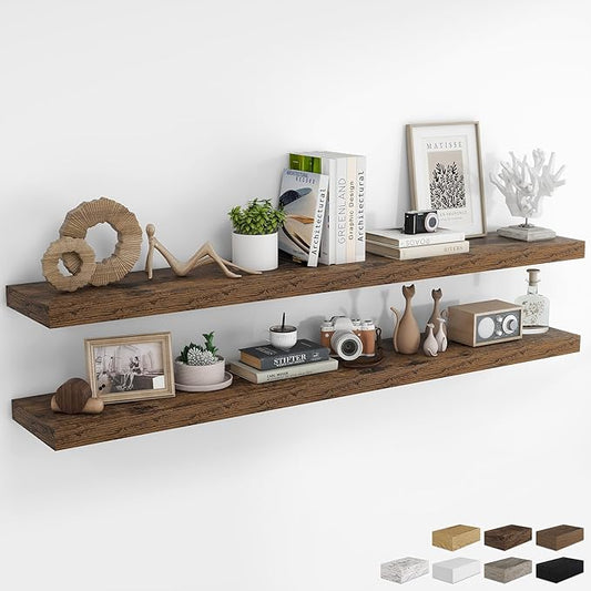 RICHFOCUS 72Inch Floating Shelves for Wall 2 Pack Shelves for Bedroom|Kitchen|Bathroom Wall Mounted Rustic Wood Floating Shelf with Invisible Brackets for Books|Storage|Decor, Rustic Brown